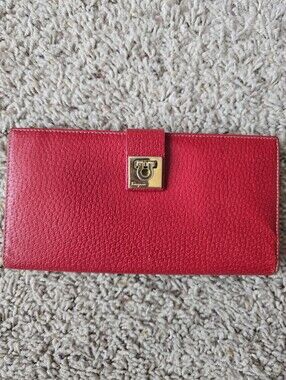 Salvatore Ferragamo Red Pebbled Leather Wallet with Gold-Tone Clasp